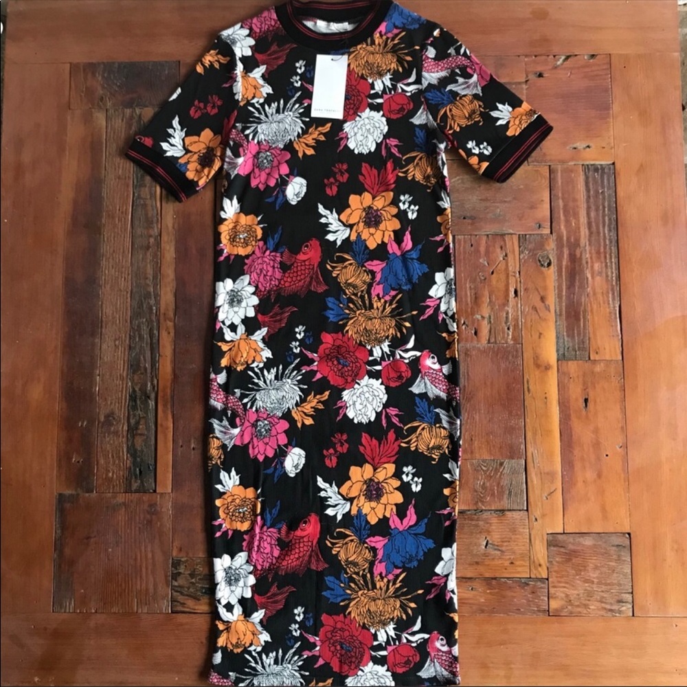 Zara Vibrant Floral Midi Dress - Black, Red, Orange, White